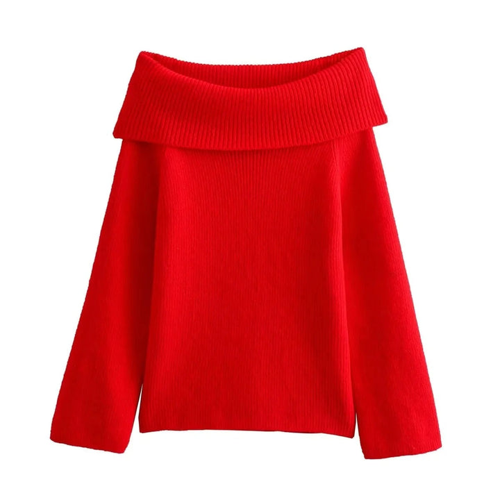 "Chic off-shoulder stickad tröja för kvinnor, stickad tyg, långärmad, visar nyckelbenen, perfekt för avslappnad elegans."