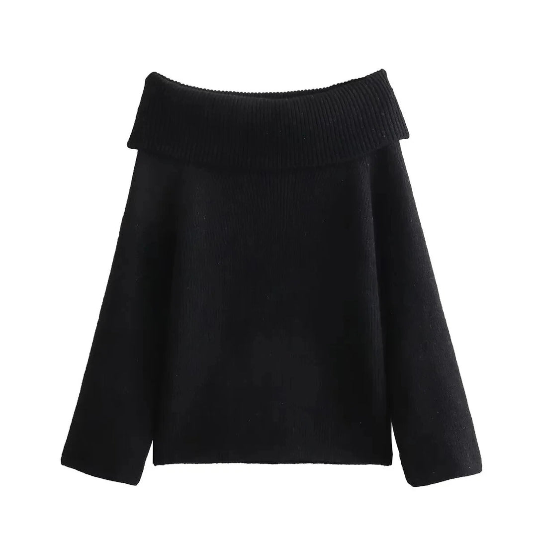 "Chic off-shoulder stickad tröja för kvinnor, stickad tyg, långärmad, visar nyckelbenen, perfekt för avslappnad elegans."