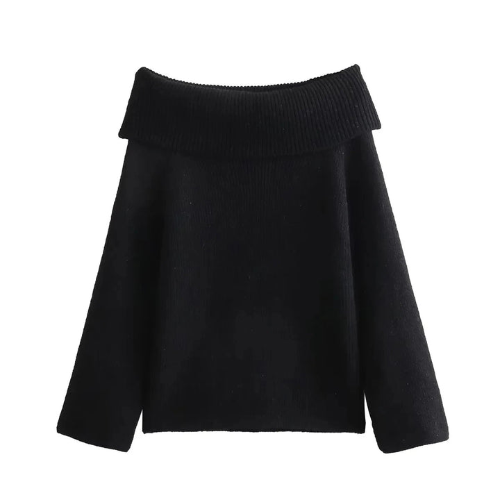 "Chic off-shoulder stickad tröja för kvinnor, stickad tyg, långärmad, visar nyckelbenen, perfekt för avslappnad elegans."