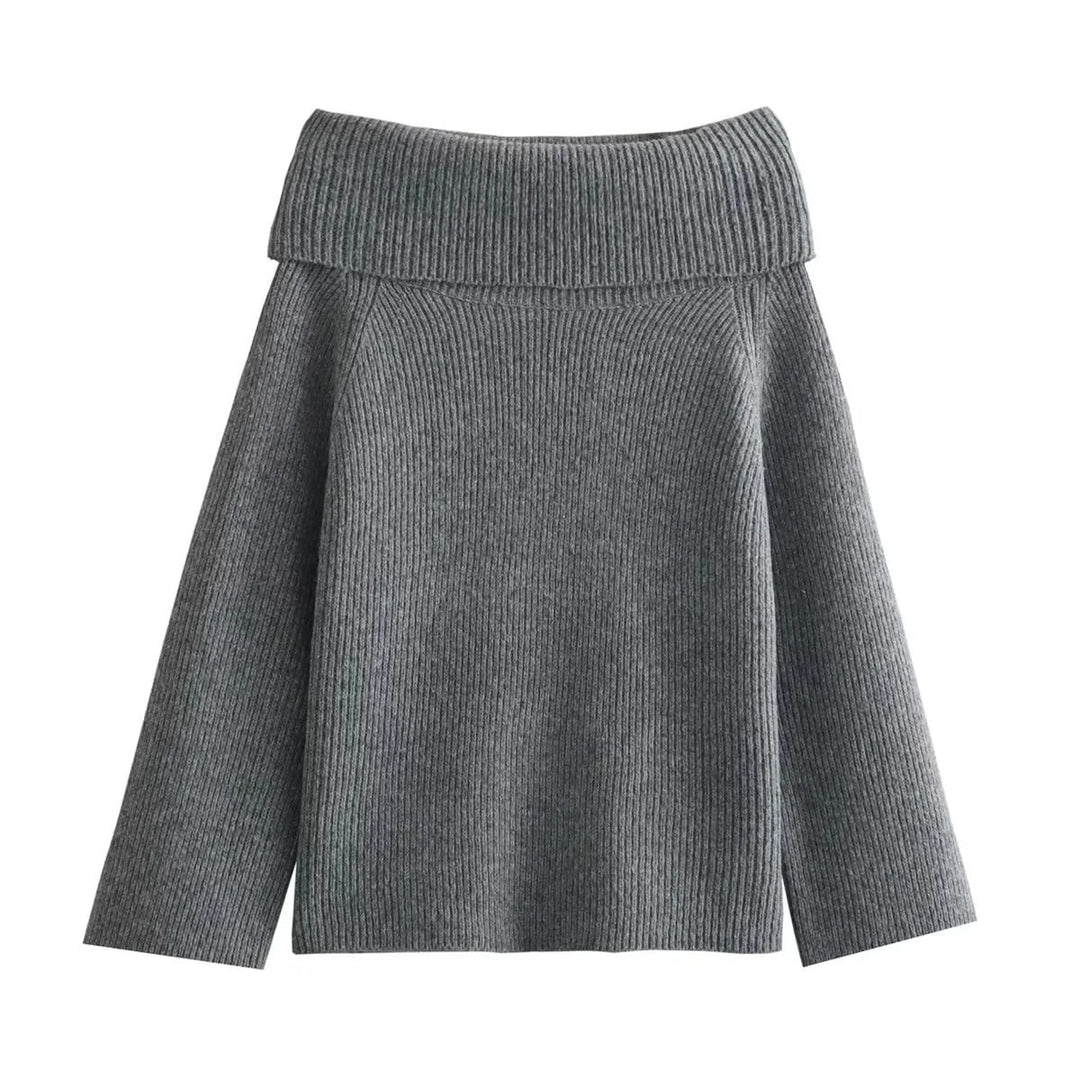"Chic off-shoulder stickad tröja för kvinnor, stickad tyg, långärmad, visar nyckelbenen, perfekt för avslappnad elegans."