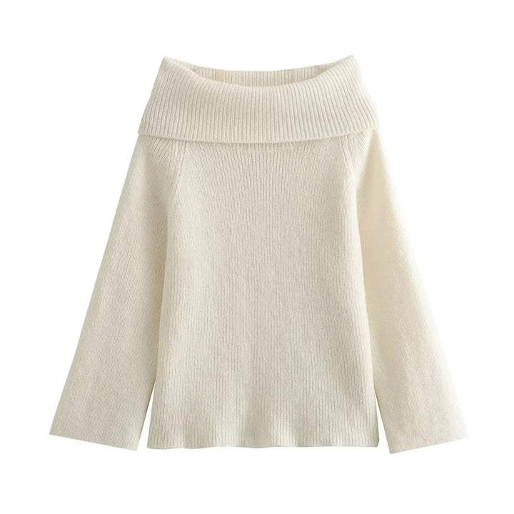 "Chic off-shoulder stickad tröja för kvinnor, stickad tyg, långärmad, visar nyckelbenen, perfekt för avslappnad elegans."