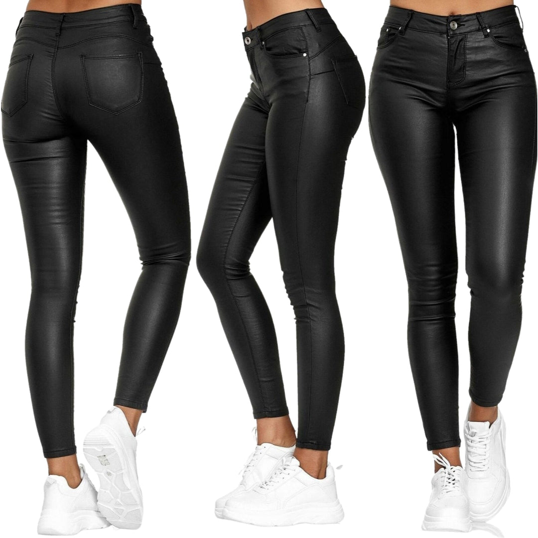 "Chic stretch läderbyxor för dam i svart och röd, elegant passform, hög midja, stil och komfort, mångsidigt modeplagg."