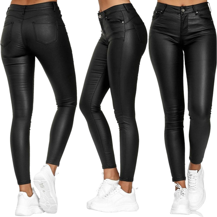 "Chic stretch läderbyxor för dam i svart och röd, elegant passform, hög midja, stil och komfort, mångsidigt modeplagg."