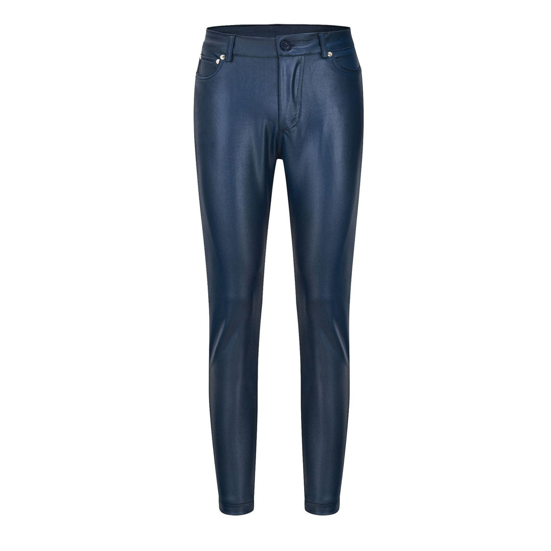 "Chic stretch läderbyxor för dam i svart och röd, elegant passform, hög midja, stil och komfort, mångsidigt modeplagg."