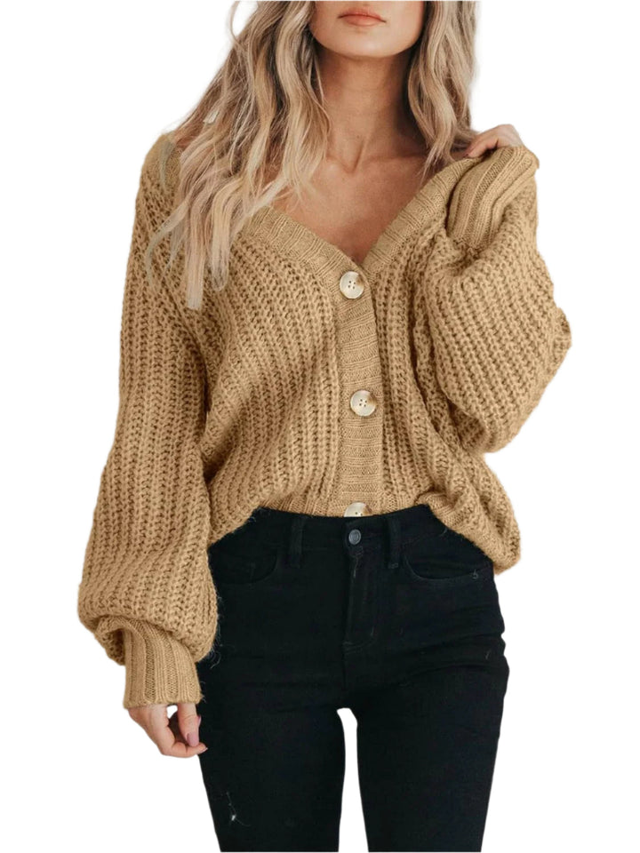 "Chunky stickad damcardigan med lång ärm och knäppning, överdimensionerad passform, stilfull och varm höst- och vinteroutfit.