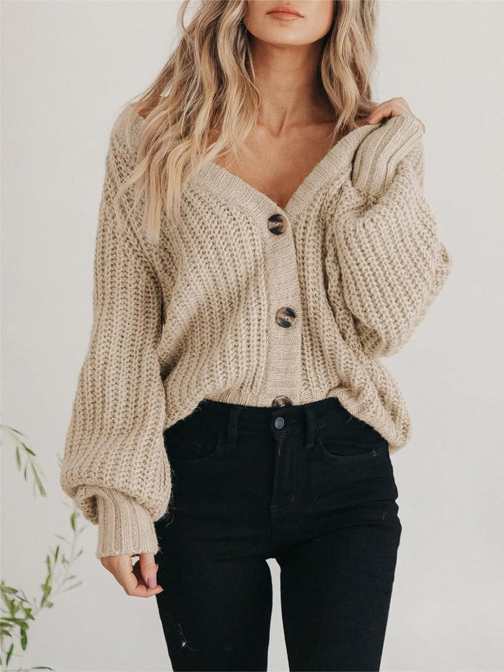 "Chunky stickad damcardigan med lång ärm och knäppning, överdimensionerad passform, stilfull och varm höst- och vinteroutfit.