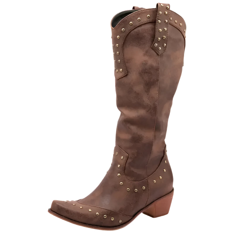 "Cowboystövlar dam brun läderutseende, 5 cm klack, spetsiga tår med studs, traditionell westernstil, modernt tidlös design"