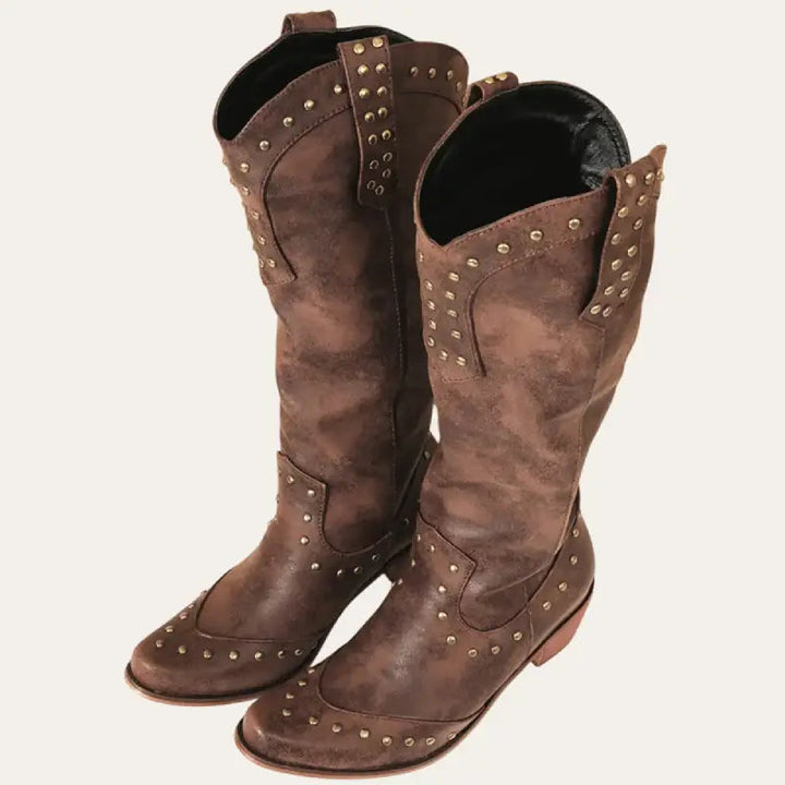 "Cowboystövlar dam brun läderutseende, 5 cm klack, spetsiga tår med studs, traditionell westernstil, modernt tidlös design"