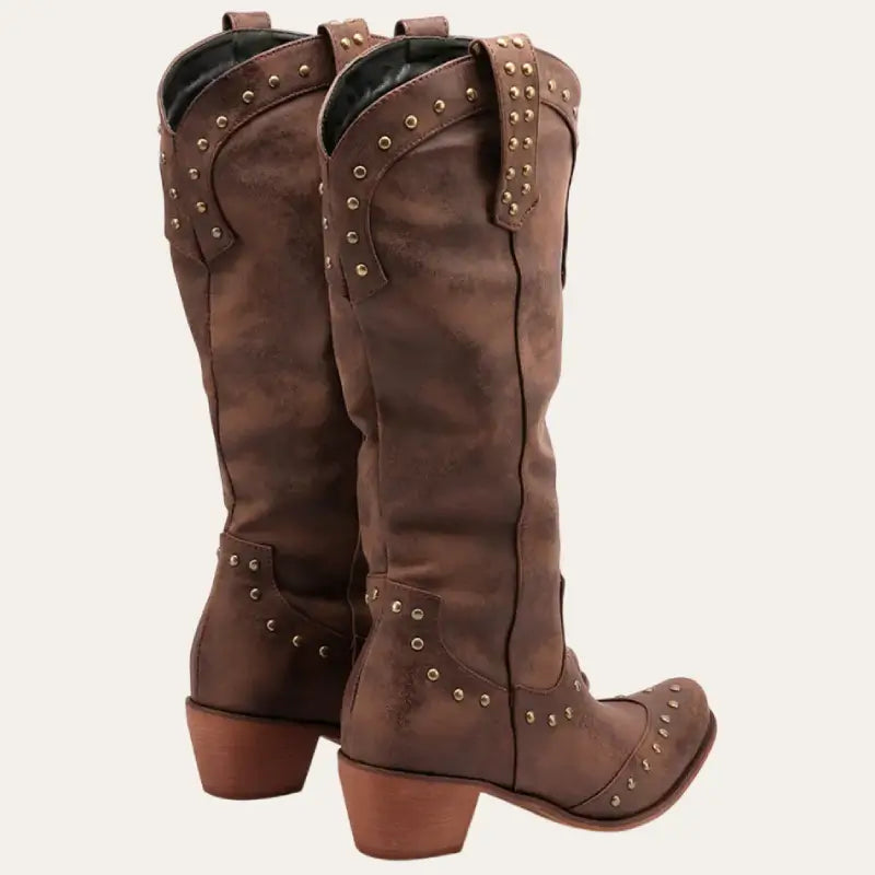 "Cowboystövlar dam brun läderutseende, 5 cm klack, spetsiga tår med studs, traditionell westernstil, modernt tidlös design"