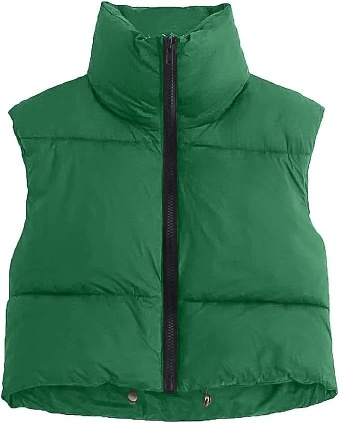 "Cropped pufferväst för kvinnor i bomullsdun, quiltad, ärmlös design med ståkrage, modern och stilren för vintern."