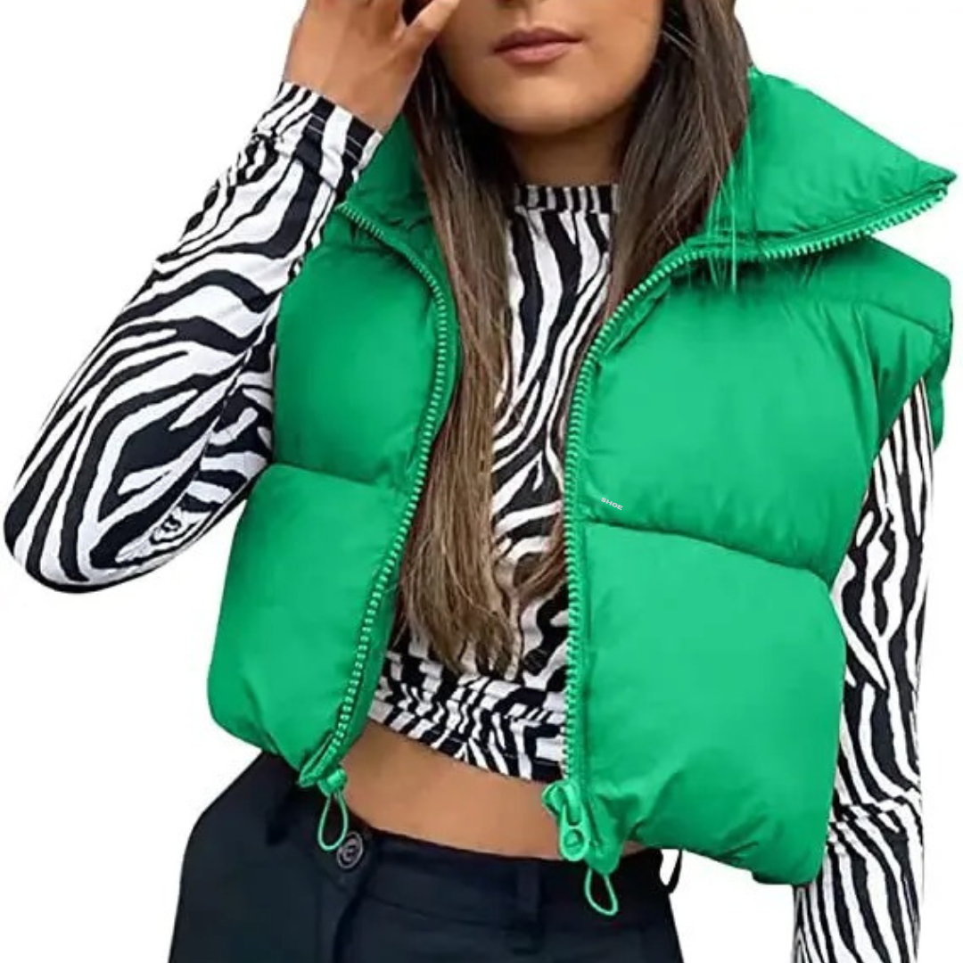 "Cropped pufferväst för kvinnor i bomullsdun, quiltad, ärmlös design med ståkrage, modern och stilren för vintern."