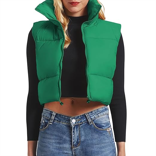 "Cropped pufferväst för kvinnor i bomullsdun, quiltad, ärmlös design med ståkrage, modern och stilren för vintern."