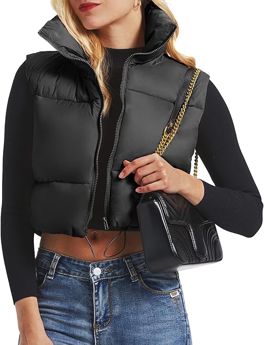 "Cropped pufferväst för kvinnor i bomullsdun, quiltad, ärmlös design med ståkrage, modern och stilren för vintern."