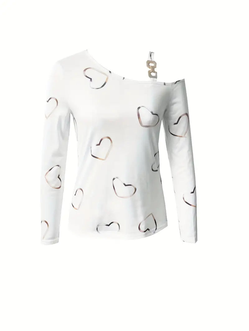 "Dam T-shirt i mjuk bomull med diagonalt hjärttryck, perfekt för avslappnad stil och komfort i kvinnors toppar."