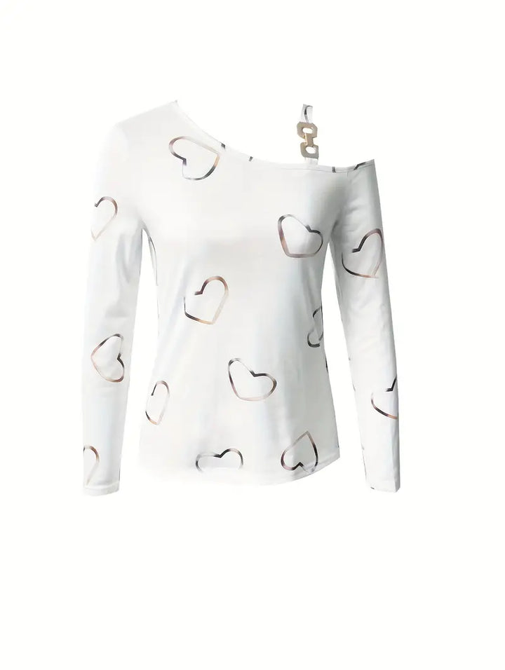 "Dam T-shirt i mjuk bomull med diagonalt hjärttryck, perfekt för avslappnad stil och komfort i kvinnors toppar."