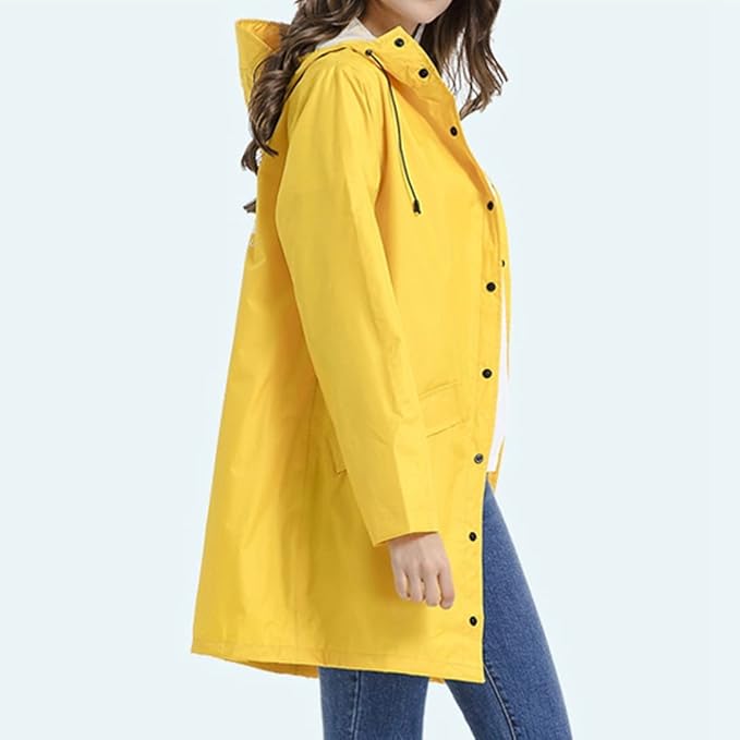 "Dam Windbreaker Trenchcoat med huva, vattentät, lång siluett, stilren design, för alla väder, i beige polyester."