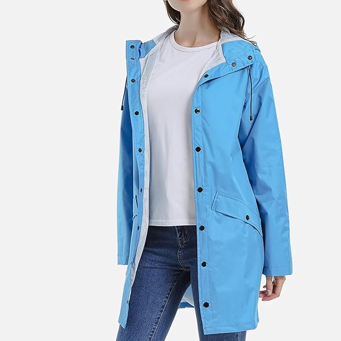 "Dam Windbreaker Trenchcoat med huva, vattentät, lång siluett, stilren design, för alla väder, i beige polyester."