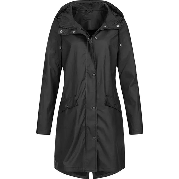 "Dam Windbreaker Trenchcoat med huva, vattentät, lång siluett, stilren design, för alla väder, i beige polyester."