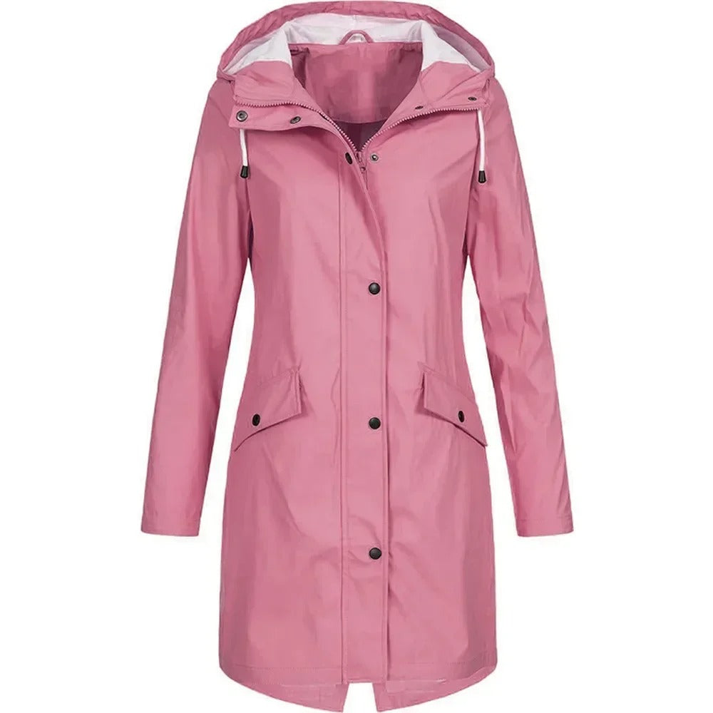 "Dam Windbreaker Trenchcoat med huva, vattentät, lång siluett, stilren design, för alla väder, i beige polyester."