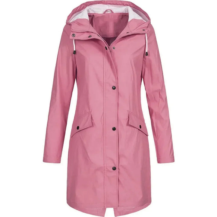 "Dam Windbreaker Trenchcoat med huva, vattentät, lång siluett, stilren design, för alla väder, i beige polyester."