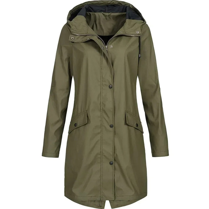 "Dam Windbreaker Trenchcoat med huva, vattentät, lång siluett, stilren design, för alla väder, i beige polyester."