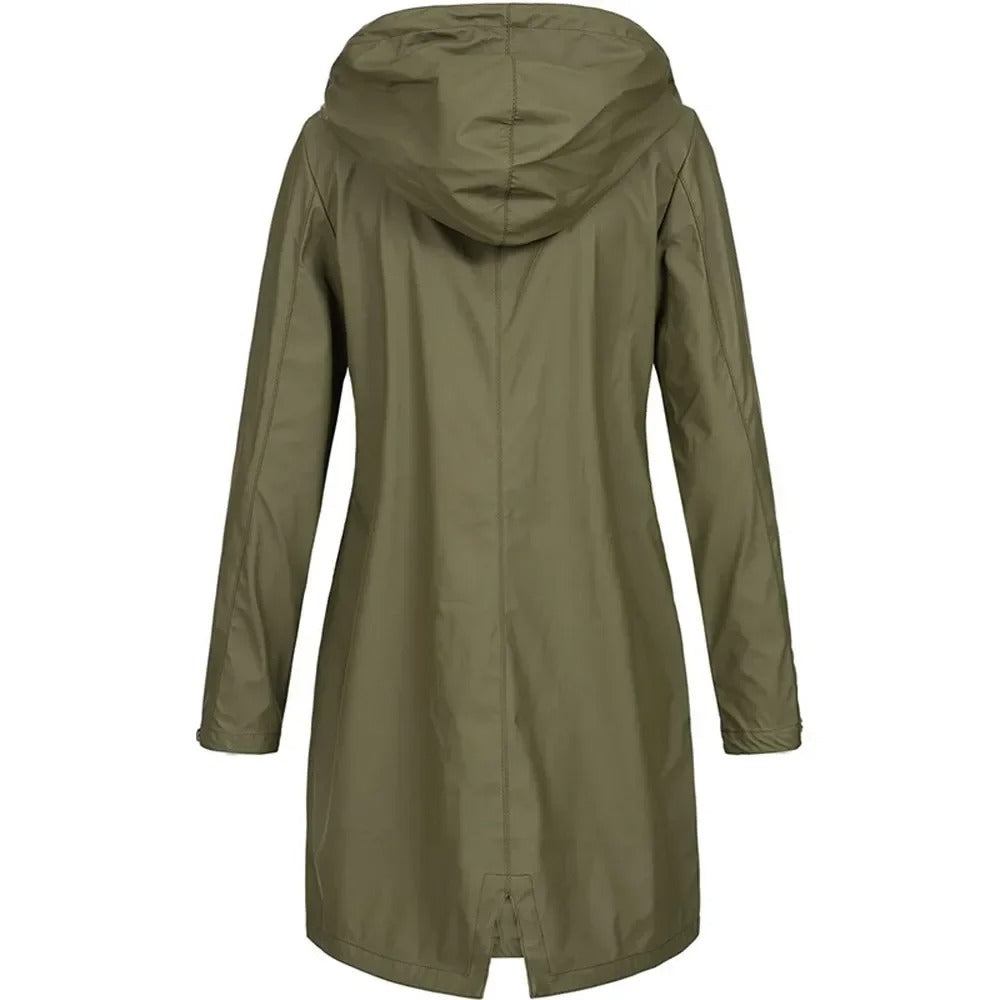 "Dam Windbreaker Trenchcoat med huva, vattentät, lång siluett, stilren design, för alla väder, i beige polyester."