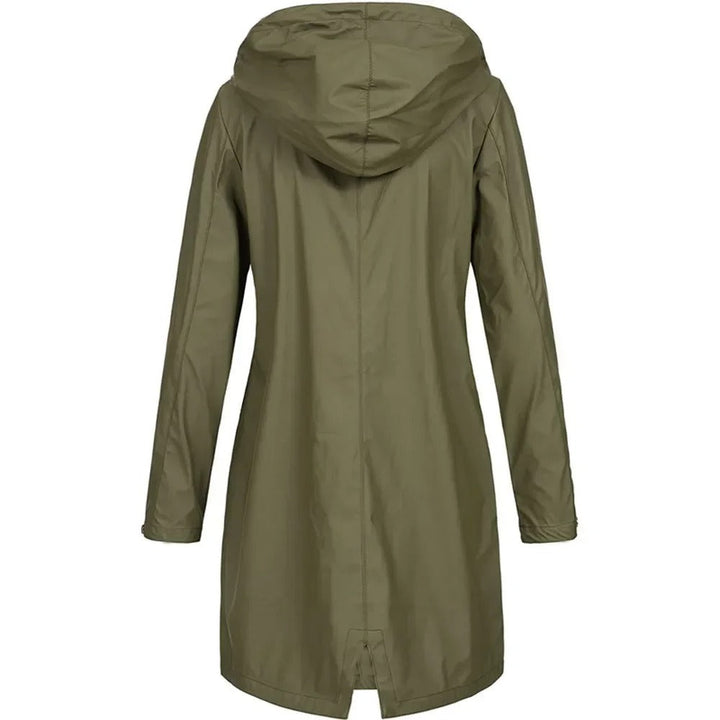 "Dam Windbreaker Trenchcoat med huva, vattentät, lång siluett, stilren design, för alla väder, i beige polyester."