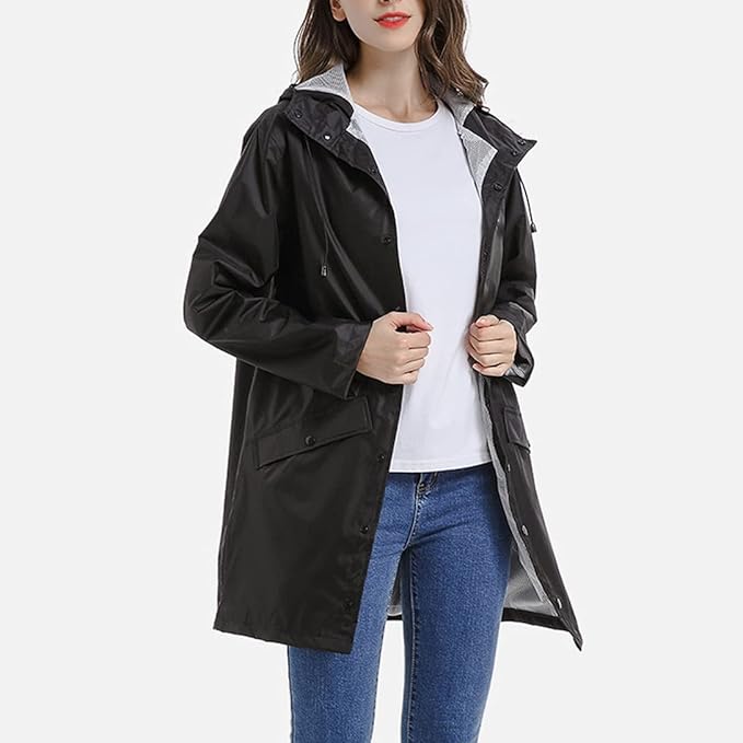"Dam Windbreaker Trenchcoat med huva, vattentät, lång siluett, stilren design, för alla väder, i beige polyester."