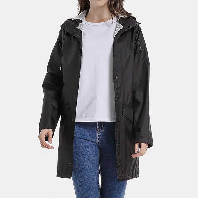 "Dam Windbreaker Trenchcoat med huva, vattentät, lång siluett, stilren design, för alla väder, i beige polyester."