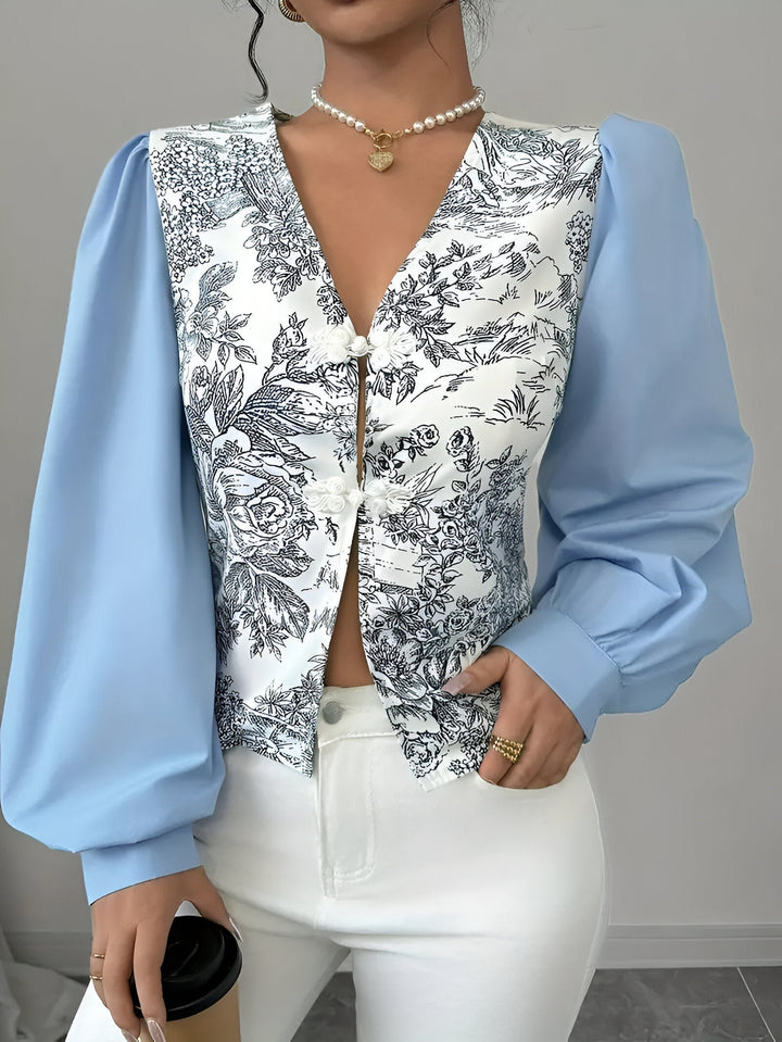 "Dam blus, V-hals, blommig polyester, romantiska lykta ärmar, elegant och bekväm design, modern stilblus."