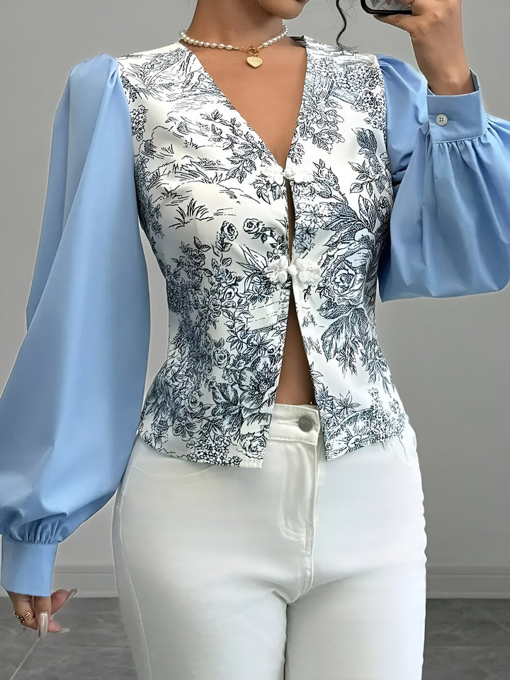"Dam blus, V-hals, blommig polyester, romantiska lykta ärmar, elegant och bekväm design, modern stilblus."