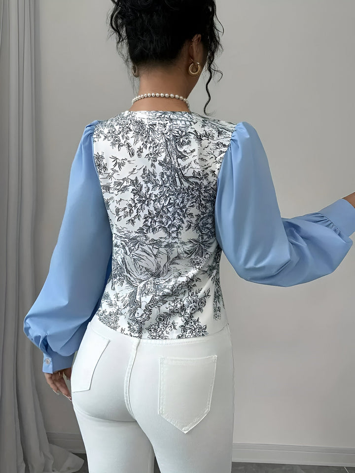 "Dam blus, V-hals, blommig polyester, romantiska lykta ärmar, elegant och bekväm design, modern stilblus."