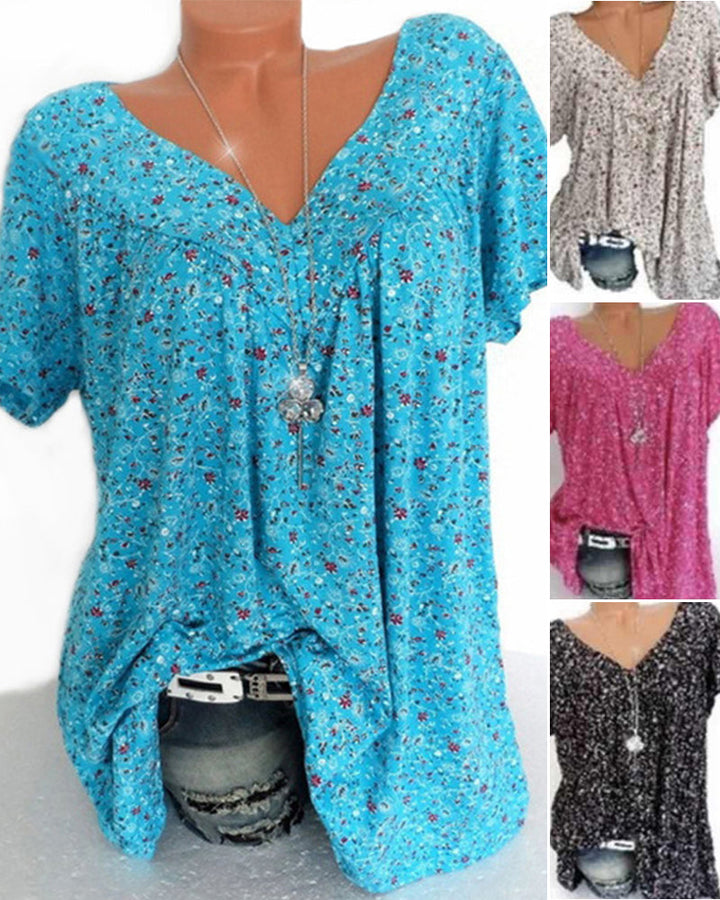 "Dam blus kortärmad V-hals i luftigt material, beige blus för sommarlook, perfekt för vardag och fest."