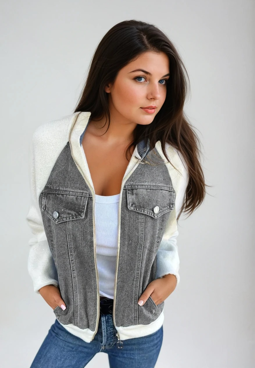 Dam bomberjacka i denim med stickade ärmar, visar hur den kan stylas med olika outfits för vår och höst.