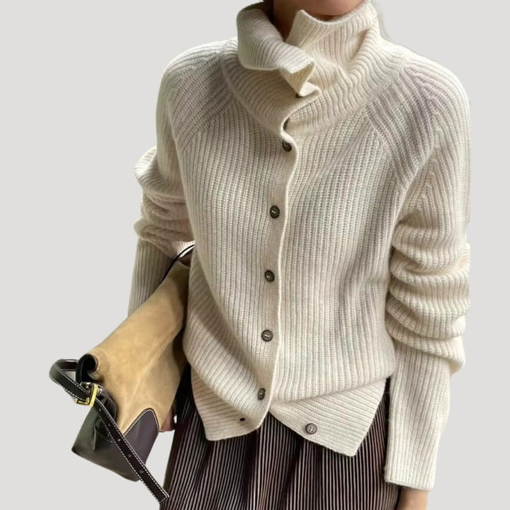 "Dam chunky cardigan med hög krage, mjuk stickning, elegant knappar, beige grå svart vit, perfekt för kyliga dagar."