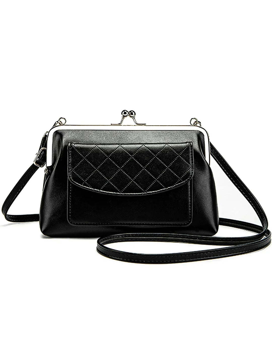 "Dam crossbody väska med läppformad stängning i svart och gul, kompakt design i konstläder, perfekt för stil och funktion."
