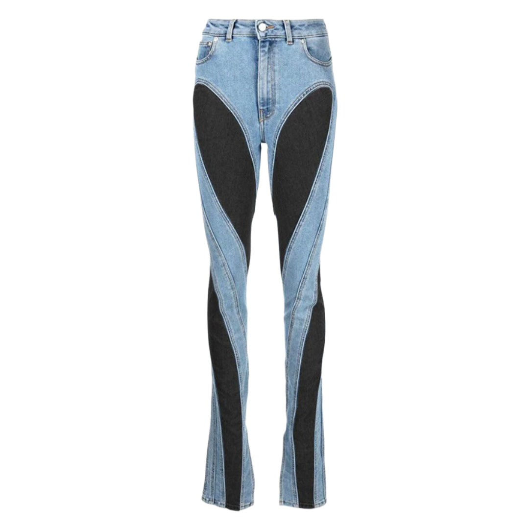 "Dam högmidjade slim fit jeans med färgblockering, blå och svarta nyanser, stilren och modern design för kvinnor."