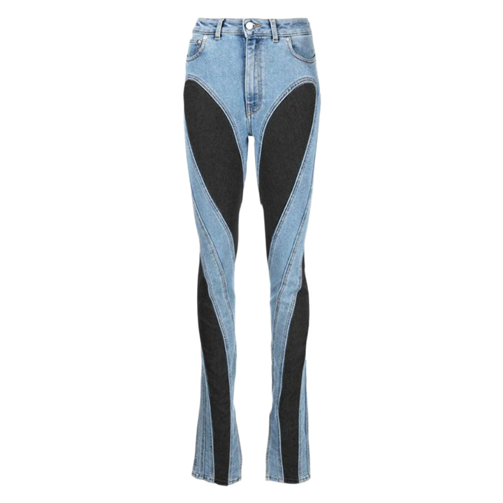 "Dam högmidjade slim fit jeans med färgblockering, blå och svarta nyanser, stilren och modern design för kvinnor."