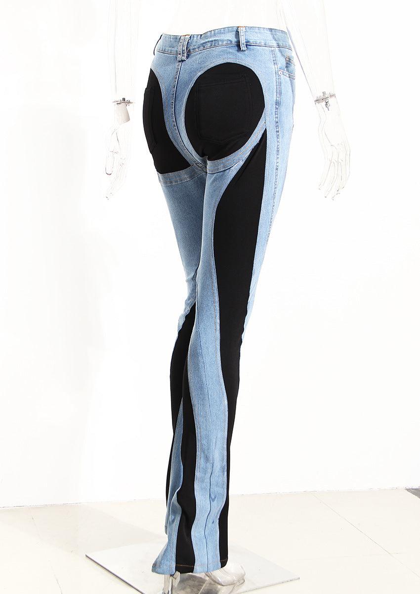 "Dam högmidjade slim fit jeans med färgblockering, blå och svarta nyanser, stilren och modern design för kvinnor."