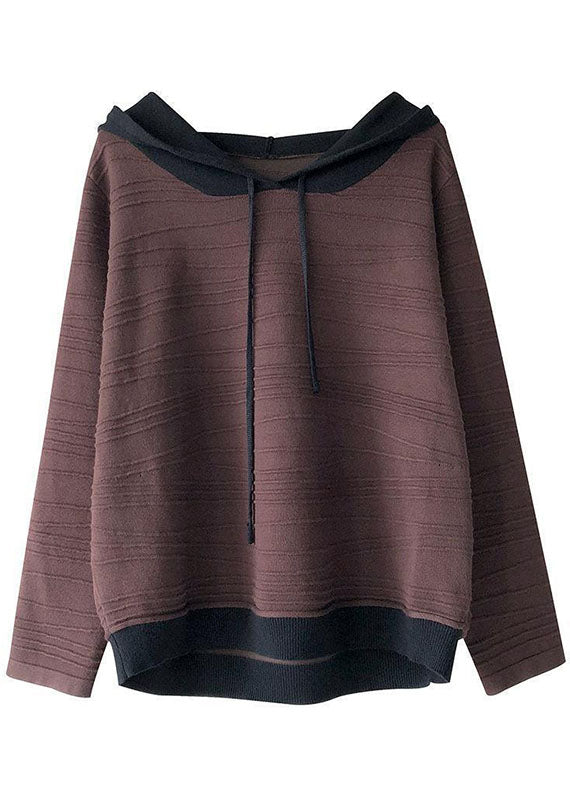 "Dam hoodie patchwork brun gul, lös passform, dragsko justerbar huva, unik stil för höst, framifrån"