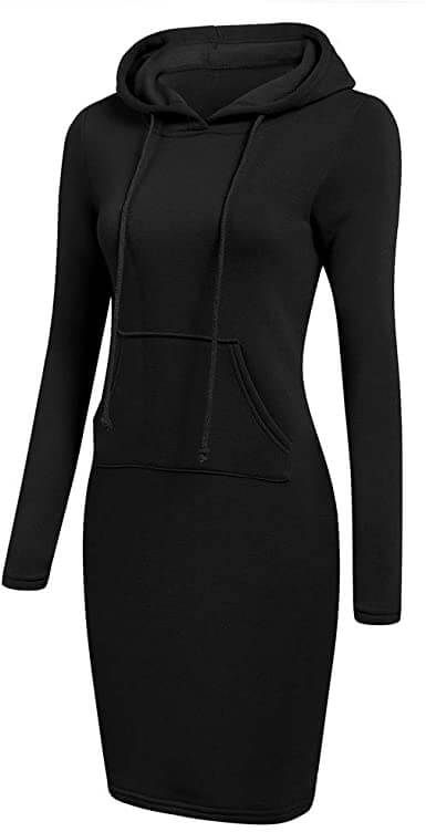 "Dam hoodieklänning i mjuk polyester och elastisk spandex, knälång med känguruficka, stilren och bekväm."