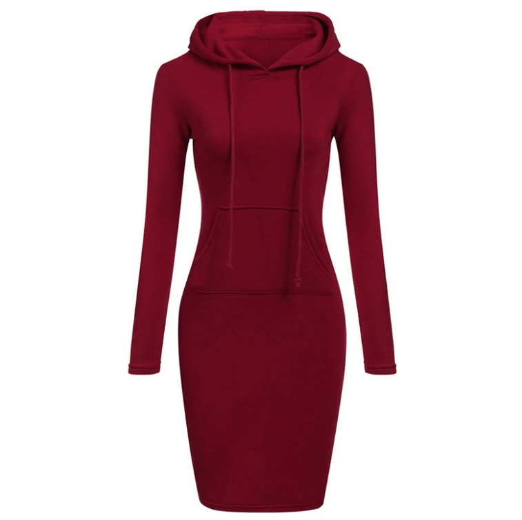 "Dam hoodieklänning i mjuk polyester och elastisk spandex, knälång med känguruficka, stilren och bekväm."
