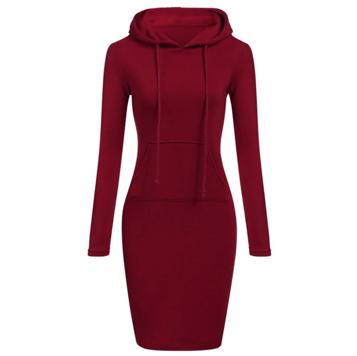 "Dam hoodieklänning i mjuk polyester och elastisk spandex, knälång med känguruficka, stilren och bekväm."