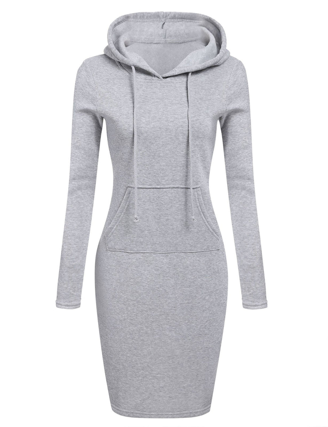 "Dam hoodieklänning i mjuk polyester och elastisk spandex, knälång med känguruficka, stilren och bekväm."