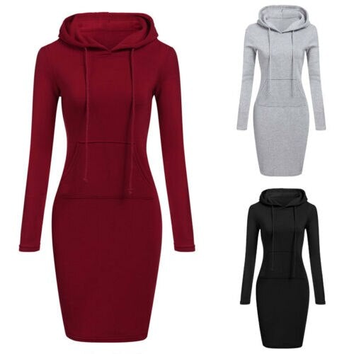 "Dam hoodieklänning i mjuk polyester och elastisk spandex, knälång med känguruficka, stilren och bekväm."
