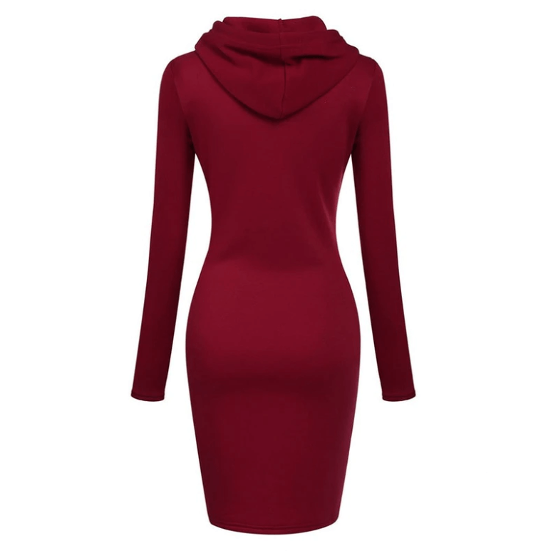 "Dam hoodieklänning i mjuk polyester och elastisk spandex, knälång med känguruficka, stilren och bekväm."