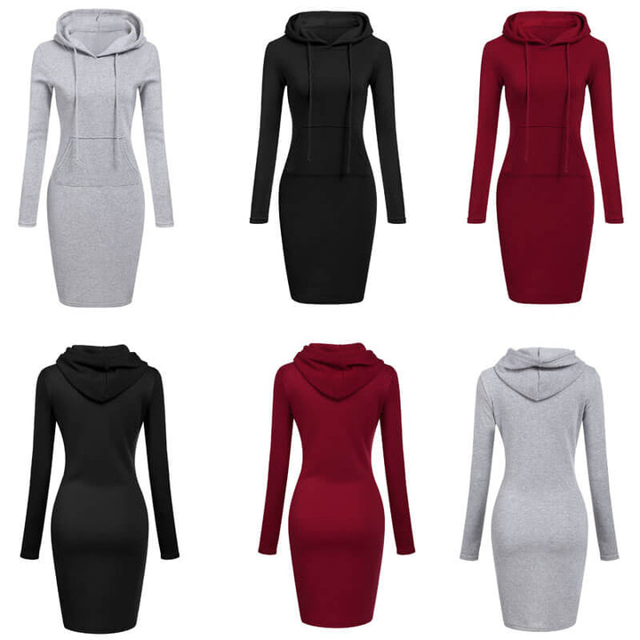 "Dam hoodieklänning i mjuk polyester och elastisk spandex, knälång med känguruficka, stilren och bekväm."