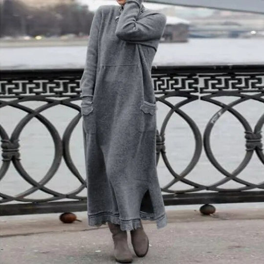 Dam maxiklänning framsida, mjukt tyg, lång ärm; elegant stil, komfort och sofistikerad look, perfekt för alla tillfällen.