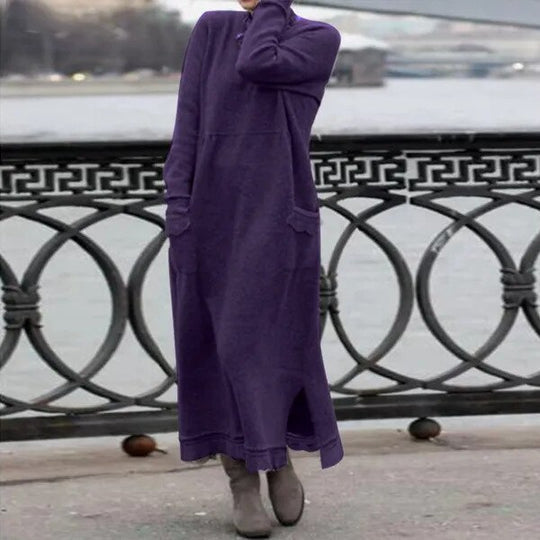Dam maxiklänning framsida, mjukt tyg, lång ärm; elegant stil, komfort och sofistikerad look, perfekt för alla tillfällen.