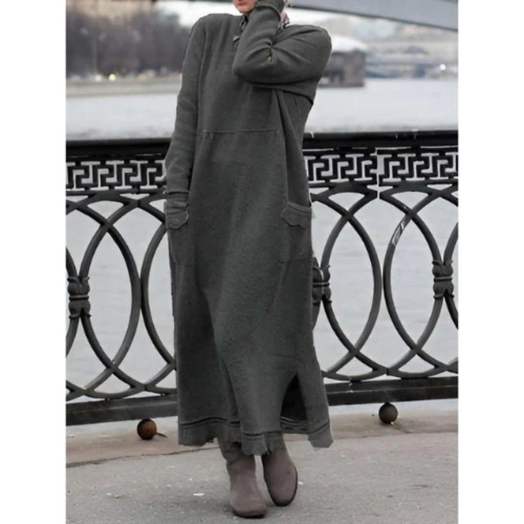 Dam maxiklänning framsida, mjukt tyg, lång ärm; elegant stil, komfort och sofistikerad look, perfekt för alla tillfällen.